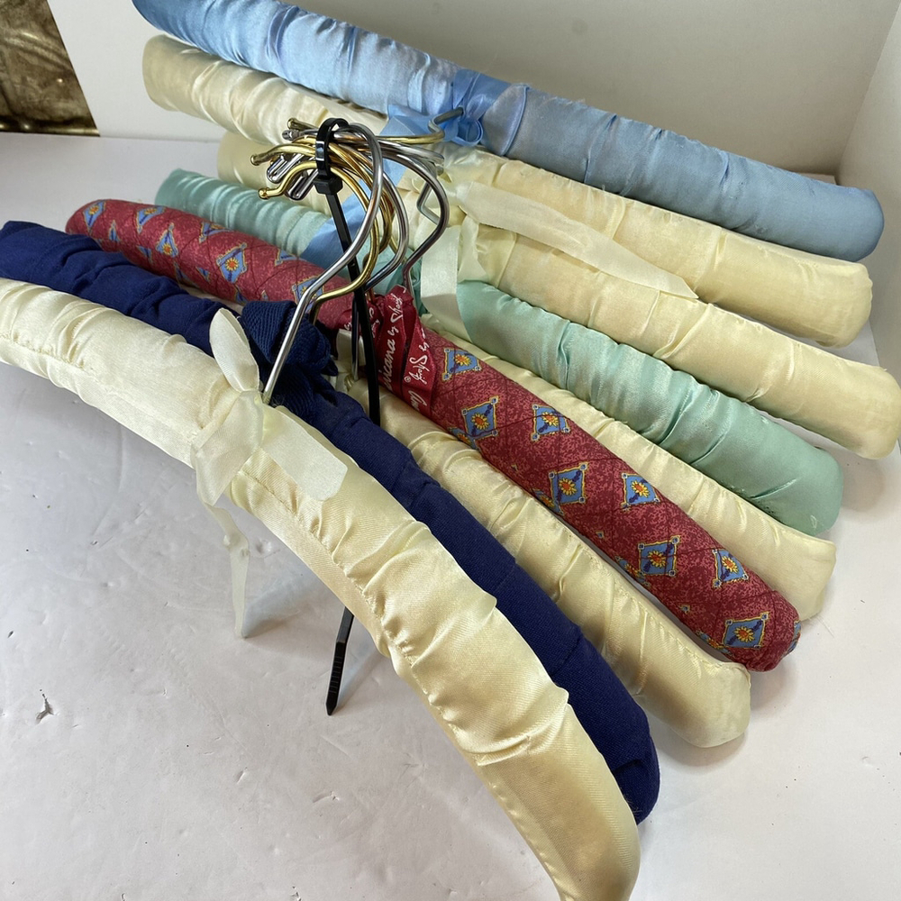 VTG Blue Green Red Yellow Satin Cotton Covered Hangers Padded LOT of 9